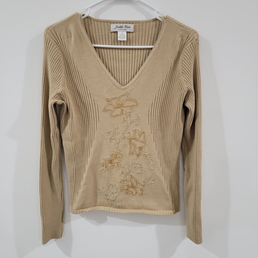 Judith Hart Womens Top Size Small Silk Blend Beaded Tan Y2K Floral Ribbed Blouse